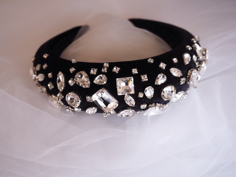 Black Velvet Padded Headband with Rhinestones Rhinestone Etsy