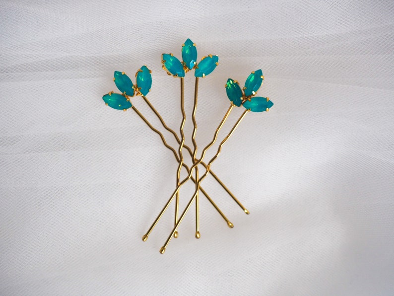 6 Gold Bridal Bridesmaid Hairpins Set of 6 Turquoise Rhinestone Gold Hairpins