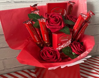 Lindt & Faux Red Roses Chocolate Bouquet - Birthday Anniversary Gift