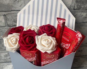 Lindt & Faux Roses Envelope Gift Box Hamper Birthday Anniversary