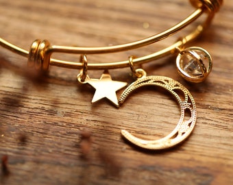 Crescent Moon Charm Bangle 18k Gold Plated