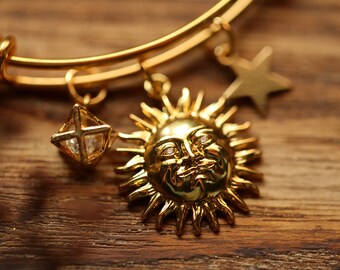 Sun and Stars Charm Bangle 18k Gold Plated