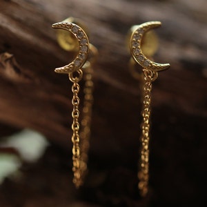 Dainty Crescent Moon Chain Dangle GOLD  Sterling Silver Earrings