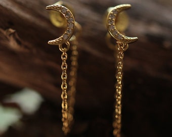 Dainty Crescent Moon Chain Dangle GOLD  Sterling Silver Earrings