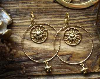 Sun and Stars Hoop Earrings  18k Gold Plated