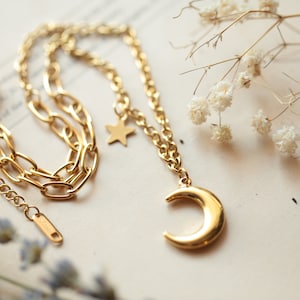 Chunky Crescent Moon and star  Necklace