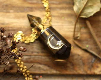 Smokey Quartz Crystal Bottle Necklace   18k Gold Plated