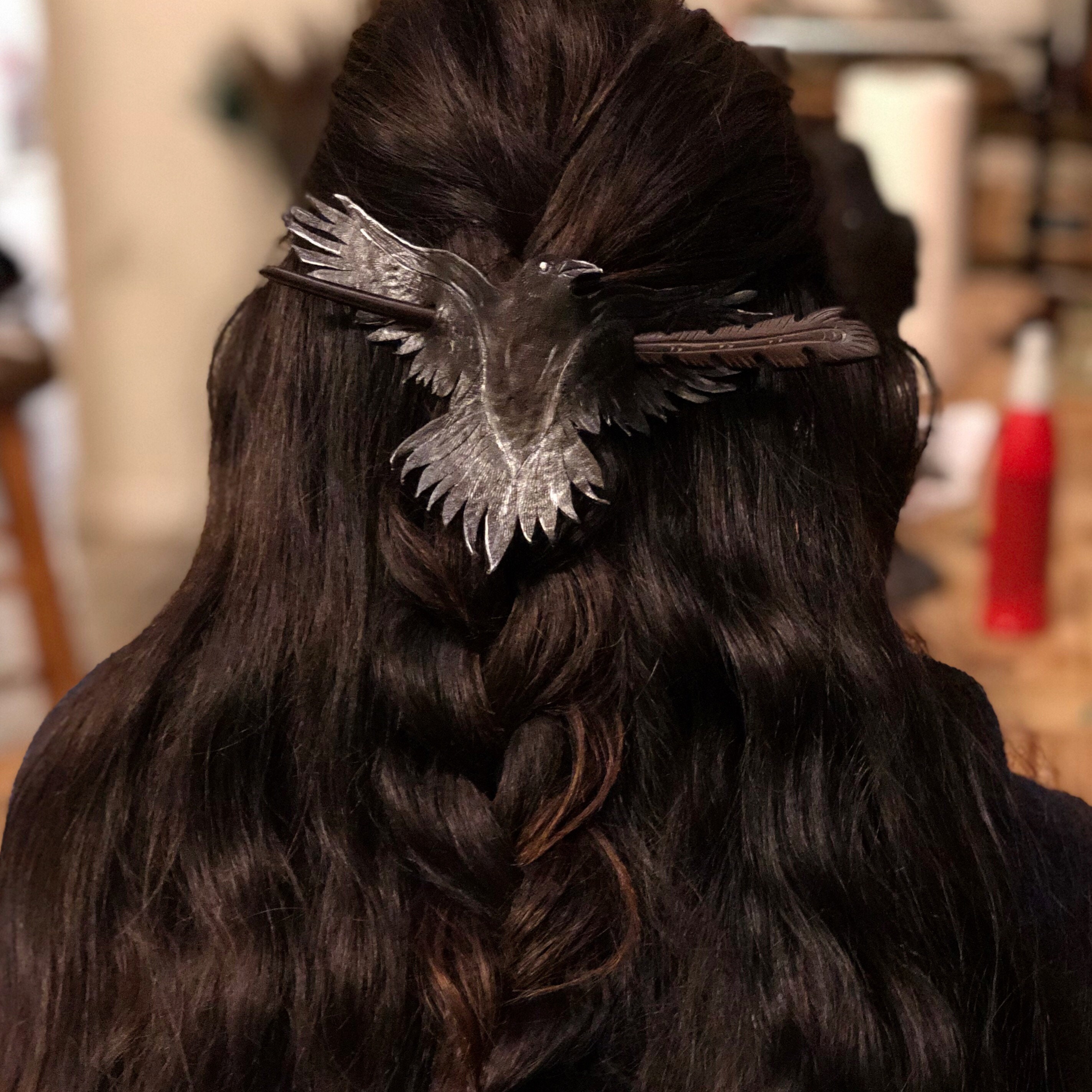 Witchy Crow Hair Barrette Leather and Wood