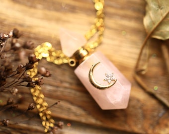 Rose Quartz Crystal Bottle Necklace   18k Gold Plated