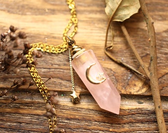 Rose Quartz with Star  Crystal point Bottle Necklace   18k Gold Plated