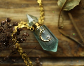 Fluorite  Crystal Bottle Necklace   18k Gold Plated