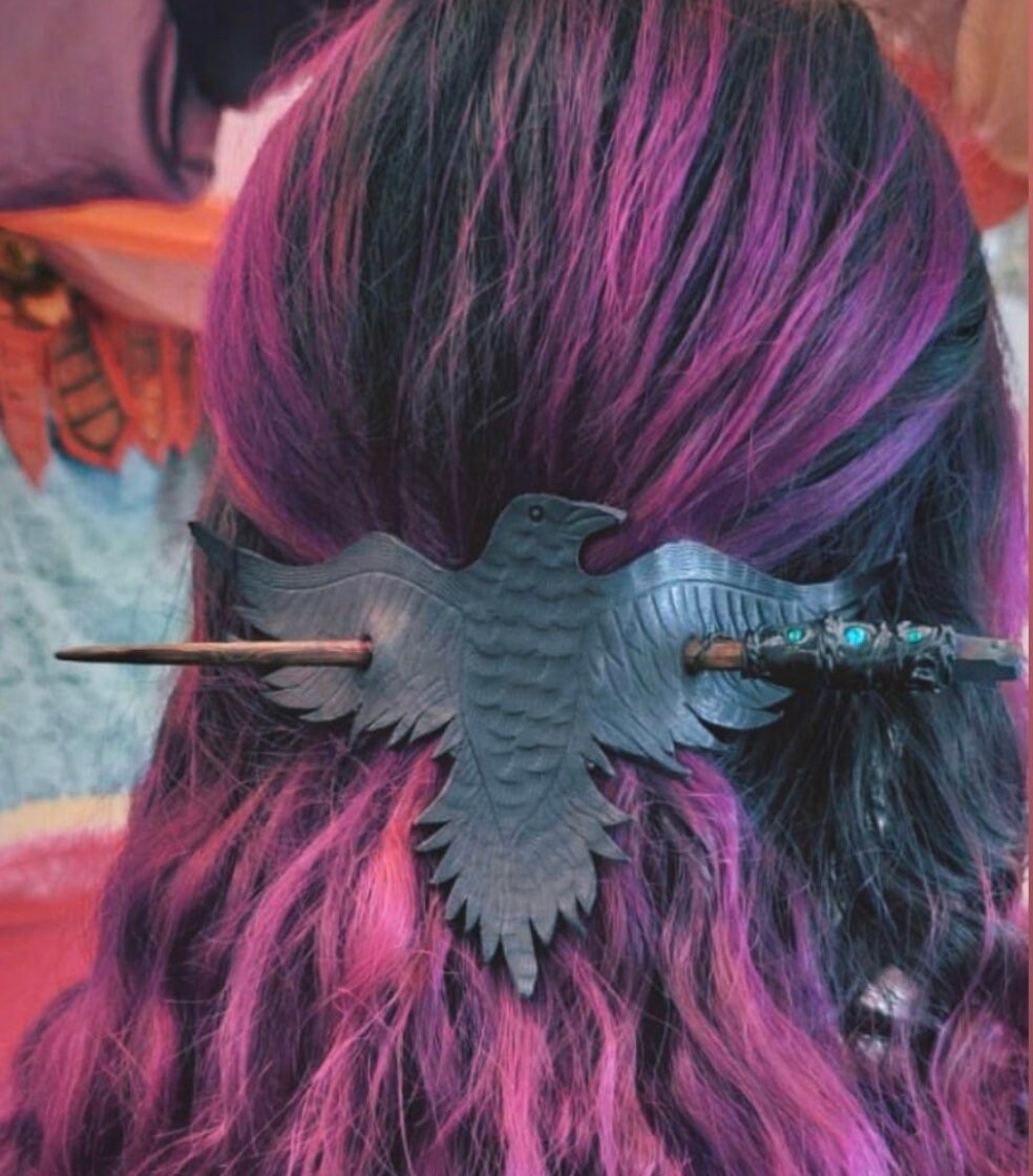 Witchy Crow Hair Barrette Leather and Wood