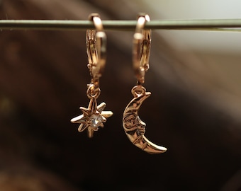 Crescent Moon and Star Earrings GOLD plated Sterling Silver