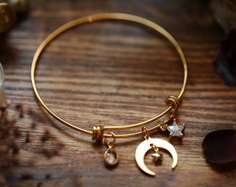 Crescent Moon Charm Bangle 18k Gold Plated