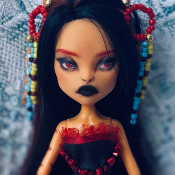 OOAK Monster High Toralei Custom Repaint- Native American Girl Dakota-  Black and red reroot, beaded earrings, and handmade gown