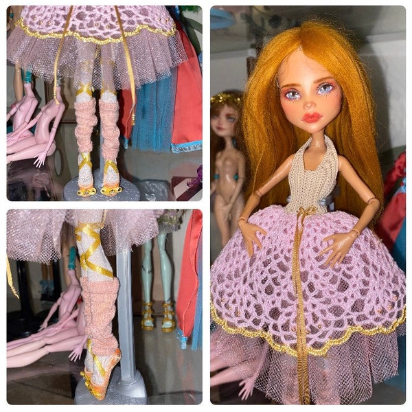 OOAK Ballerina Art Doll Monster High Cleo Repaint- Amore- With handmade point shoes, tights, leg warmers, crochet dress, soft wig, repaint