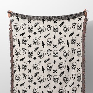 Halloween Woven Throw Blanket Tapestry, Monochrome Skull Woven Blanket, Black and White Gothic Halloween Blanket for Decor and Unique Gift