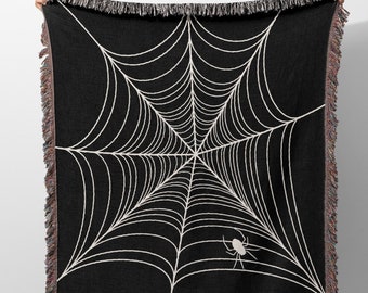 Spider Web Woven Blanket, Black and White Halloween Throw Blanket on Couch, Bed, Minimalist Tapestry Blanket for Spooky Room Decor Aesthetic