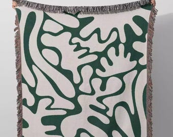 Forest Green Matisse Woven Throw Blanket with Multicolored Fringe, Coral Woven Blanket and Wall Tapestry, Accent Blanket, Gift for Her, Wife