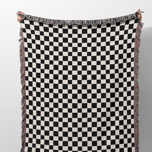 Checker Woven Blanket and Tapestry, Small and Big Squares Blanket, Checkered Woven Cotton Blanket Retro Aesthetic Black and White Blanket