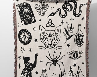 Witchy Blanket for Home Decor, Black and White Halloween Blanket, Celestial Cat, Snake, Evil Eyes Spooky Whimsical Woven Blanket with Fringe