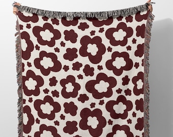 Manta tejida con flores rojas para sofá, decoración botánica estética, regalo de decoración del hogar de estilo retro para ella, 100 % algodón.