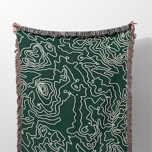 Jeté tissé carte topographique, tapisserie d'art topographique vert forêt, cadeau unique pour voyageur, randonneur, amateur de géographie, 100 % coton