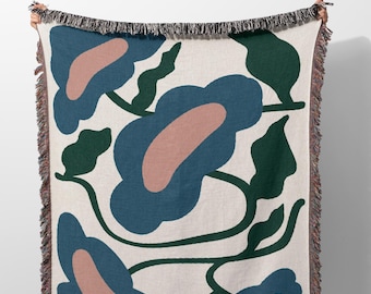 Manta Matisse, 100 % algodón, azul, rojo y verde bosque. Regalo único para mamá o esposa. Estilo retro moderno de mediados de siglo.