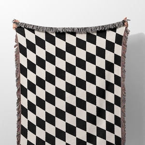 Checkered Woven Throw Blanket and Tapestry, Checker Home Decor for Living Room, Funky Monochrome Retro Style Surprise, Unique Gift for Her