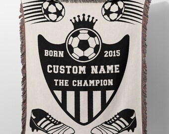 Custom Name Woven Throw Blanket Tapestry for a Soccer Player and Sport Fan Unique Birthday Gift Personalized Blanket for Boys and Teenagers