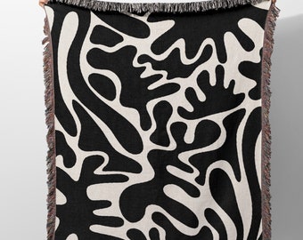 Matisse Inspired Woven Blanket And Tapestry, Black Matisse Woven Blanket, Coral Woven Blanket, Modern Aesthetic Throw Blanket, Home Decor