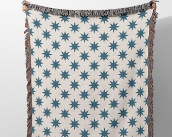Retro Stars Pattern Woven Blanket Tapestry, Blue Color Christmas Blanket Decoration, Retro Style Woven Throw Blanket, Christmas Throw