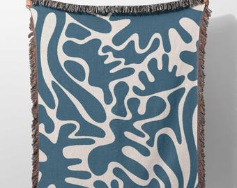 Matisse Woven Blanket Tapestry, Blue Coral Matisse Inspired Woven Blanket, Modern Aesthetic Blanket Gift for Her, Decorative Home Decor