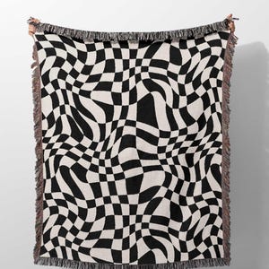 Retro Checkered Woven Blanket, Funky Checkered Geometric Black And White Woven Throw Blanket, Aesthetic Tapestry For Room, Apartment Decor