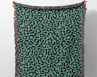 Manta tejida con estampado de leopardo exótico en tonos azules y verdes, manta tejida con estampado de leopardo estético, regalo decorativo para sofá.