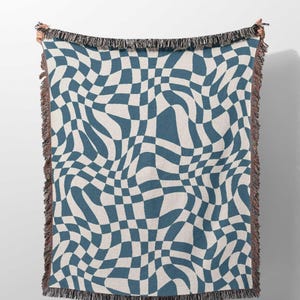 Funky Checker Woven Throw Blanket Tapestry, Blue Color Checkered Throw, Retro Style Checker Blanket, 100% Cotton Woven Blanket for Couch