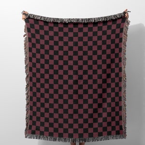 Checkered Retro Style Woven Throw Blanket, Black and Bordeaux Color Woven Blanket, Unique Gift for Women, Check Pattern Woven Blanket