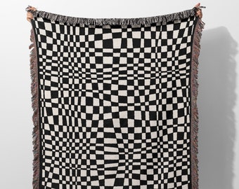 Checker Woven Throw Blanket Tapestry, Black and White Checkered Woven Blanket for Couch, Trendy Aesthetic Woven Blanket Eclectic Retro Style