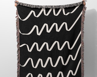 Manta tejida abstracta minimalista para sofá, 100 % algodón, decorativa en blanco y negro con flecos, ideal para decorar el salón.