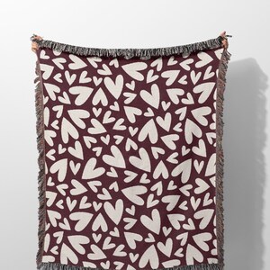 Cute Heart Pattern Woven Throw Blanket for Couch, Red Color Cotton Blanket, Unique Decor Gift for Valentines Day, Gift Idea for Girlfriend