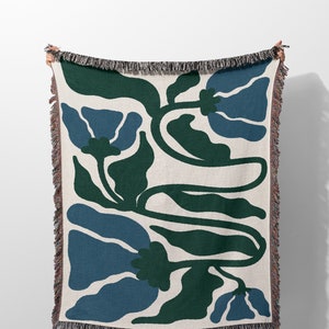 Matisse Flowers Woven Throw Blanket with Fringe in Forest Green and Blue Colors, Matisse Style Aesthetic Blanket, Unique Home Decor Gift