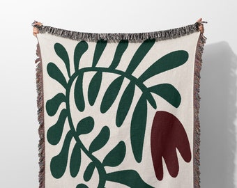 Matisse Style Forest Green and Red Tulip Woven Throw Blanket with Fringe and Wall Art Tapestry, Minimalist Woven Blanket, Gift for the Home