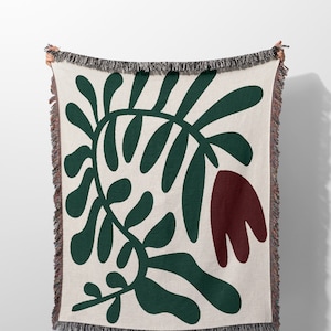 Matisse Style Forest Green and Red Tulip Woven Throw Blanket with Fringe and Wall Art Tapestry, Minimalist Woven Blanket, Gift for the Home