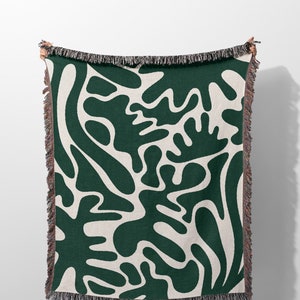 Matisse Inspired Woven Throw Blanket And Tapestry, Dark Green Matisse Pattern Woven Blanket, Green Coral Woven Blanket, Matisse Throw Couch