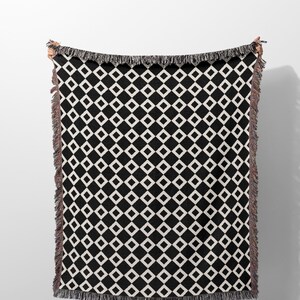 Black and White Geometric Checker Style Woven Throw Blanket Tapestry, Geometric Pattern Black, Unique Home Decor Gift for Family and Friends
