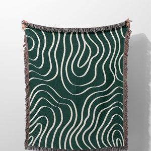 Abstract Woven Throw Blanket Tapestry, Forest Green Aesthetic Decorative Fringe, Woven Blanket for Couch Bed Chair Eclectic Room Sofa Decor