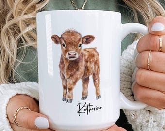 Taza personalizada con diseño de ternero, taza de café personalizada con animales de granja, taza única de estilo rústico, regalo con tu nombre (vaquera), regalo para granjeros, taza para rancheros.