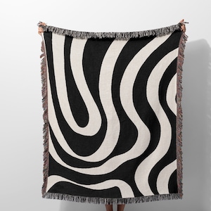 Black and White Abstract Woven Throw Blanket with Fringe, Pattern Monochrome Woven Blanket for Couch and Chair Aesthetic Living Room Decor
