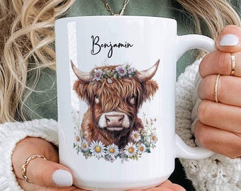 Taza personalizada con diseño de vaca de las Tierras Altas, taza de café personalizada con diseño de vaca, taza de café con tu nombre, regalo para amantes de los animales de granja, taza rústica con diseño de vaca, regalo personalizado de taza con diseño de animal.