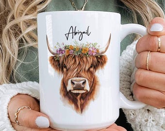 Floral Personalized Highland Cow Highlands Mug, Custom Name Coffee Mug, Highlands Cattle Cup, Rustic Farmhouse Animal Mug, Custom Cow Mug